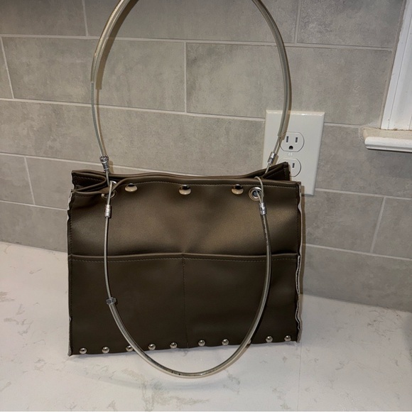 NWT Hardwear by Renee industrial vegan taupe Handbag tote wood bottom - Picture 1 of 15